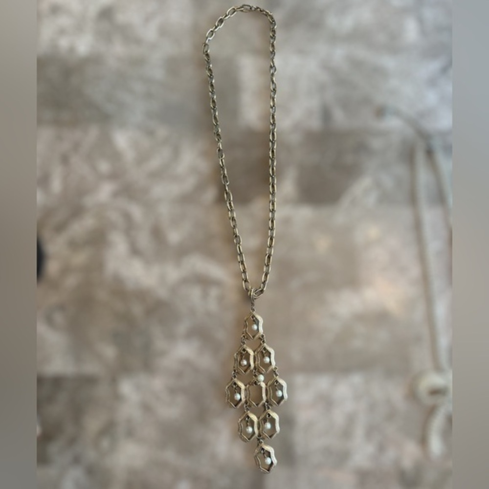 Vintage Gold Tone Statement Necklace with Pearl Pendant Detail